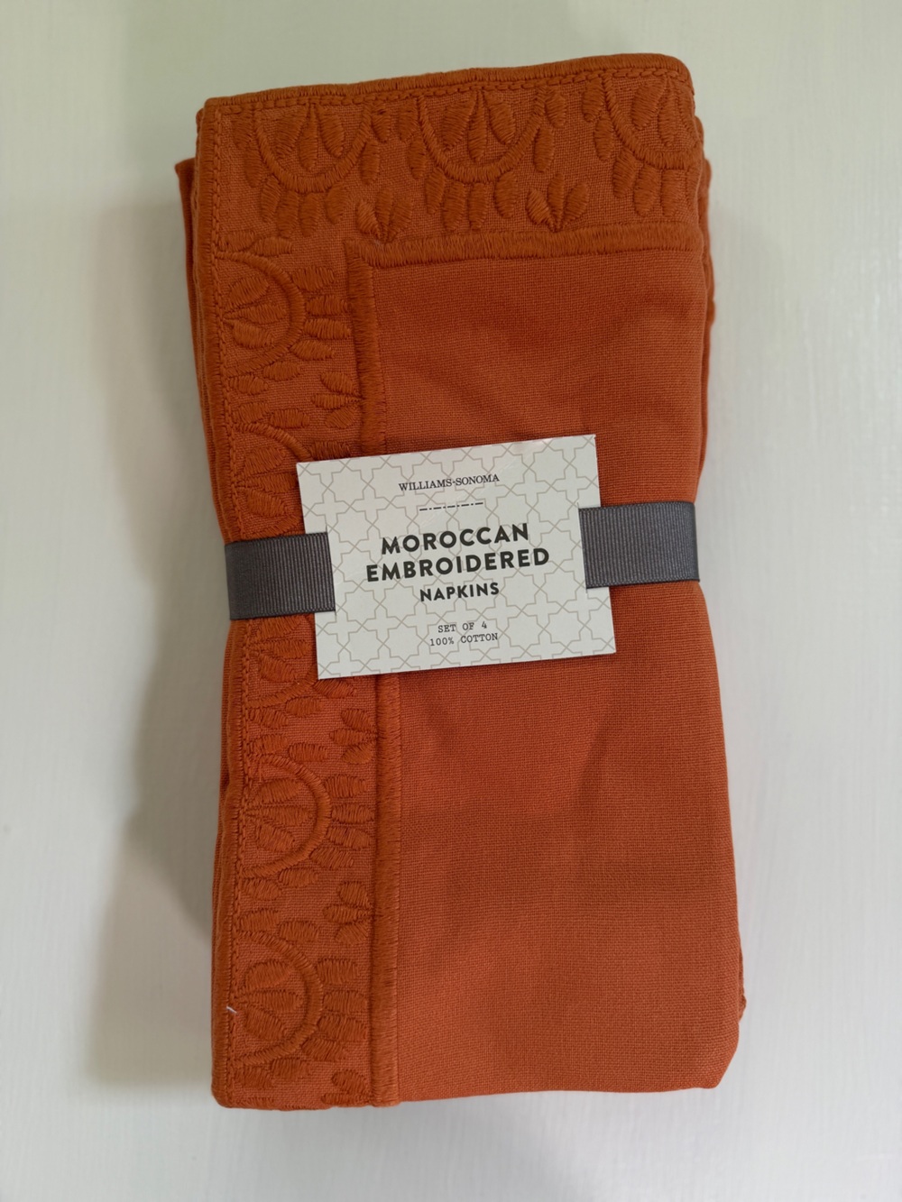 NWT Williams Sonoma Moroccan Embroidered SET OF 4 TABLE NAPKINS Orange Cotton